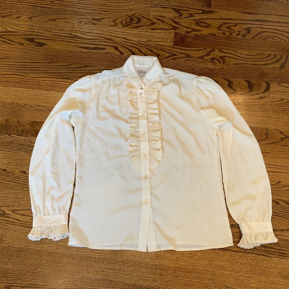Vintage Victorian Blouse Ruffles Collar Ivory Pearl Button Up Sz 10 Sphere EUC